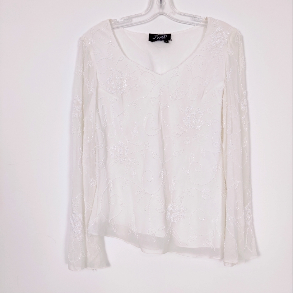 Vintage JMD New York White Beaded Sheer Blouse - Size Large Office Party Evening